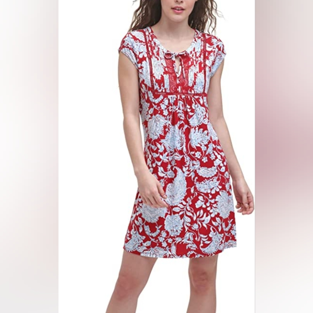 Tommy Hilfiger Jersey Pintuck Dress Floral Red White & Blue sz Med